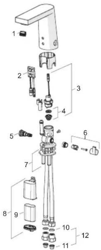 Exploded view diagram of a handheld device with numbered parts for identification