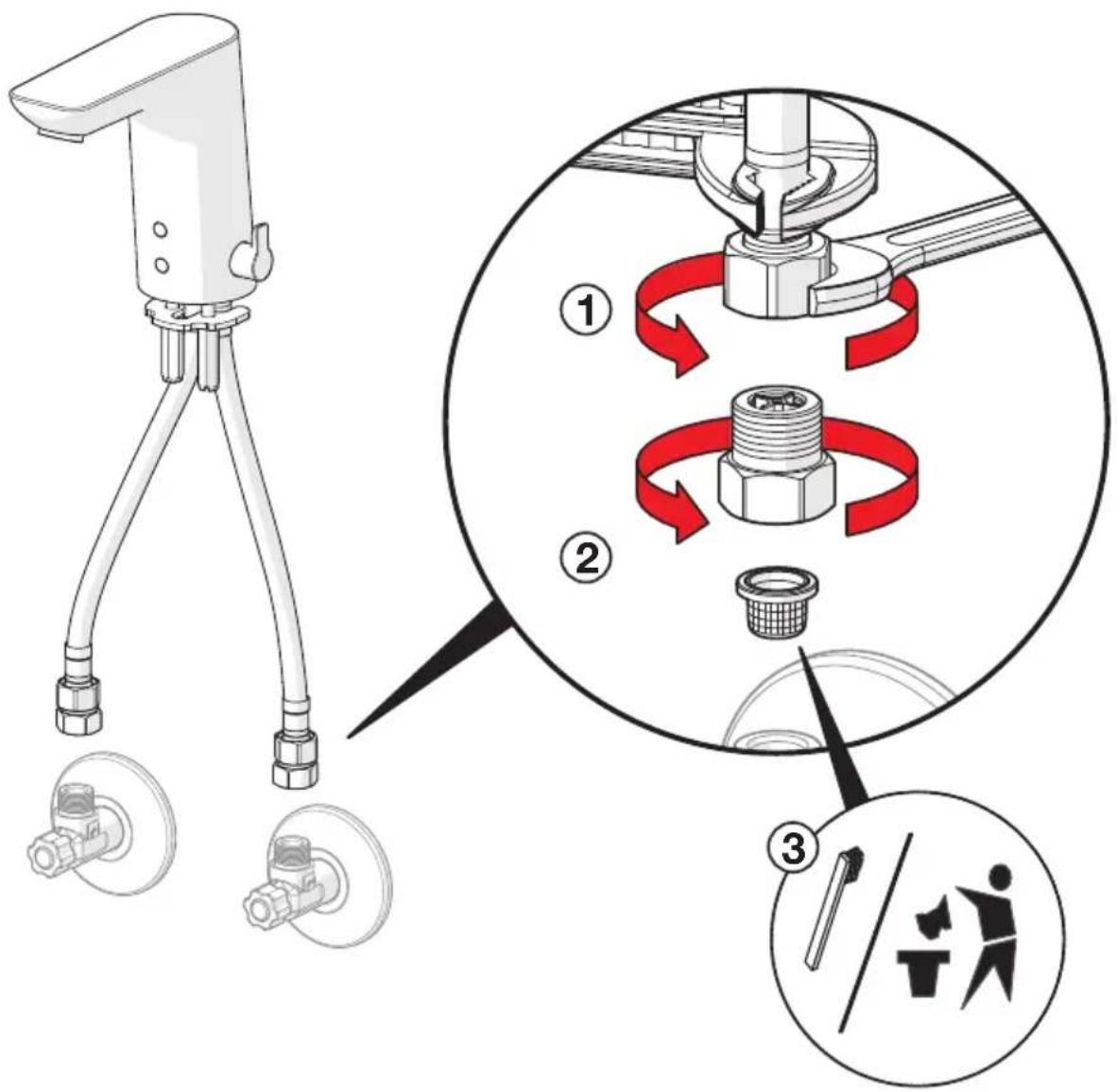 Technical diagram illustrating three-step assembly of a mechanical device with labeled parts and directional arrows indicating motion.