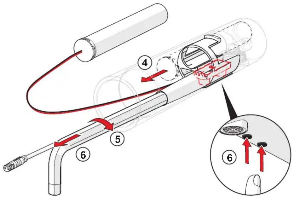 Technical diagram illustrating a mechanical assembly with numbered components and red directional arrows indicating motion or force.