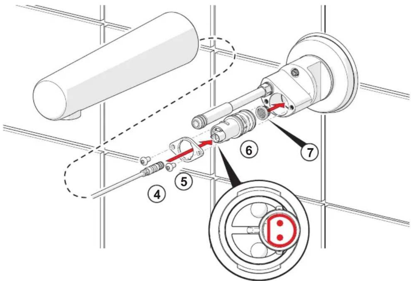 Technical diagram of a mechanical assembly with numbered components and directional arrows indicating motion or assembly steps.