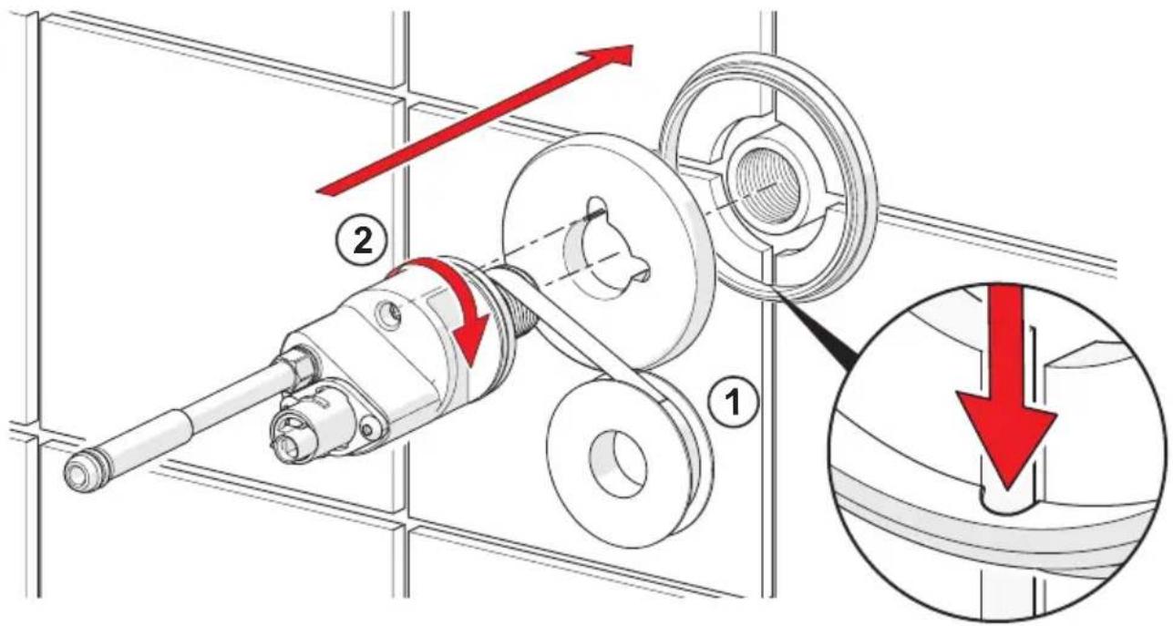 Technical diagram of a mechanical assembly with labeled parts and directional arrows indicating motion or force directions.