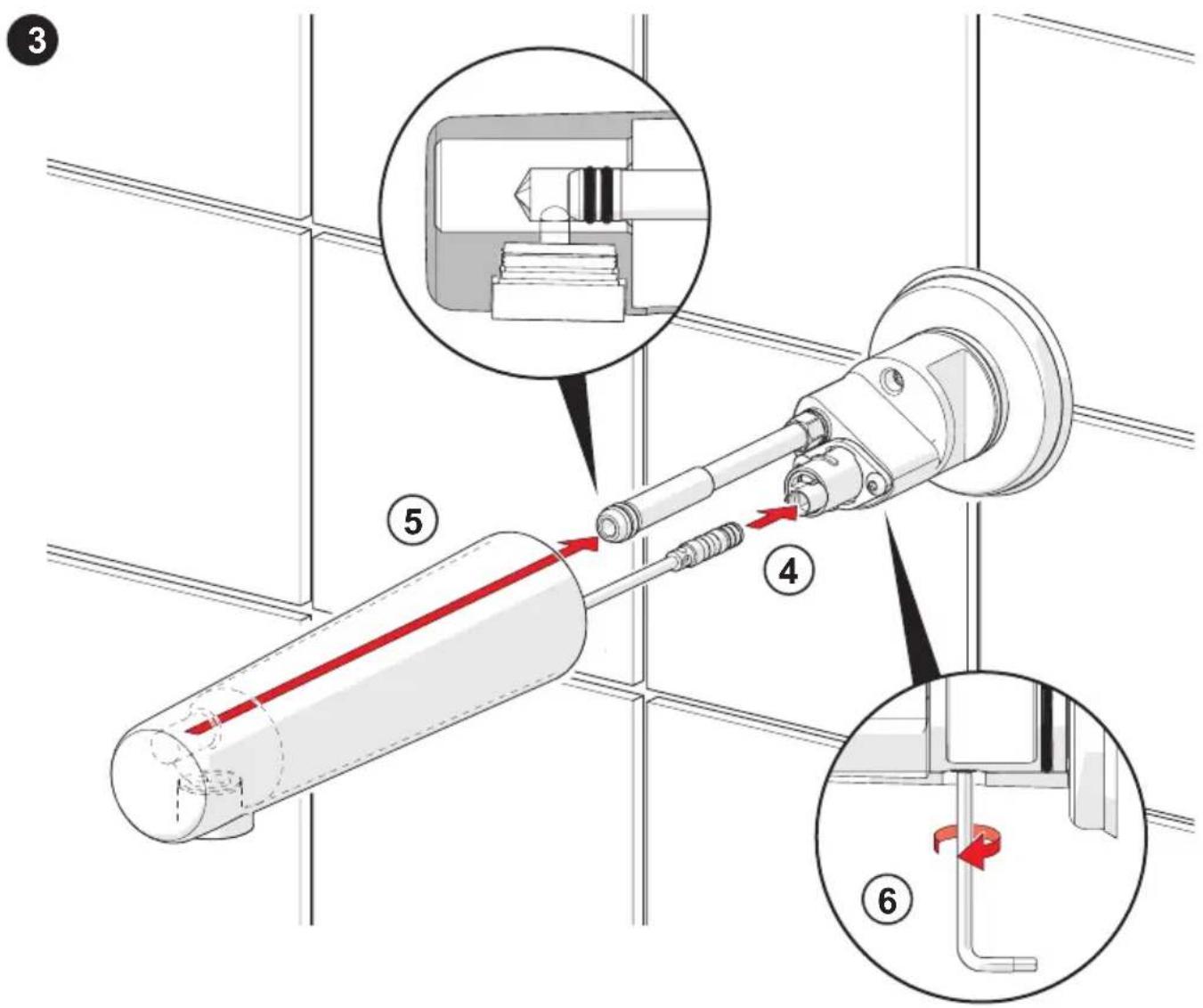 Technical diagram illustrating mechanical assembly steps with numbered annotations and component illustrations