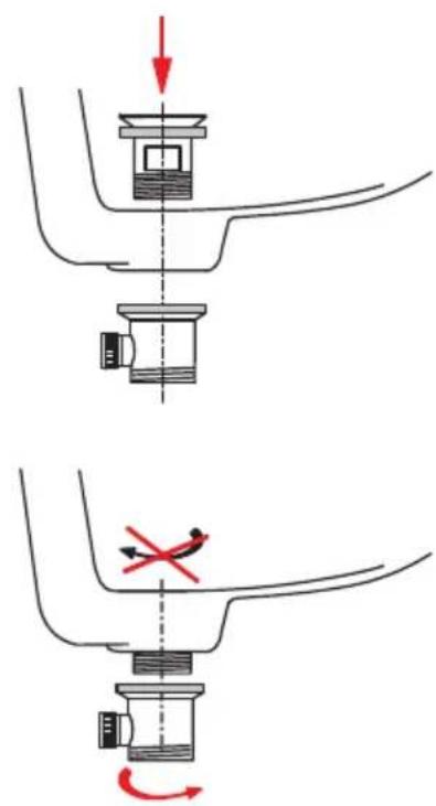 Technical diagram showing mechanical assembly steps with red arrows indicating direction and a cross symbol indicating rotation or disassembly.