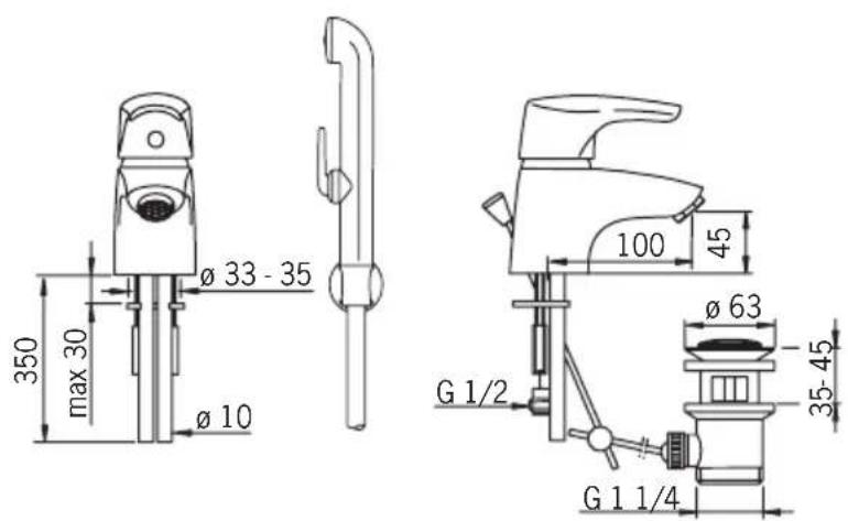 350 max 30 ø 33 - 35 ø 10 100 45 ø 63 G 1/2 35-45 G 1 1/4