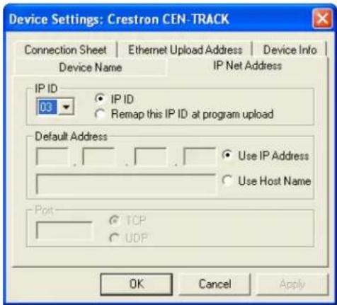Device Settings: Crestron CEN-TRACK Connection Sheet | Ethernet Upload Address | Device Info Device Name IP Net Address IP ID 03 IP ID Remap this IP ID at program upload Default Address Use IP Address Use Host Name Port TCP UDP OK Cancel Apply