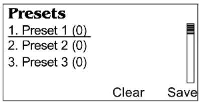 Presets 1. Preset 1 (0) 2. Preset 2 (0) 3. Preset 3 (0) Clear Save