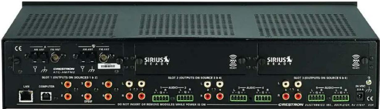 CE AM ANT FM ANT AM ANT FM ANT CRESTRON ATC-AM/FMZ SIRIUS READY SIRIUS READY SLOT 1 (OUTPUTS ON SOURCES 1 & 2) LAN COMPUTER 1 3 6 L 1 2 3 4 5 COMPUTER 2 4 6 R SRSIF SLOT 2 (OUTPUTS ON SOURCE 3 & 4) L 1—AUDIO—2 R L 3—AUDIO—4 L 5—AUDIO—6 R + G+ + G+ + G+ + G+ + G+ + G+ + G+ + G+ + G+ + G+ + G+ + G+ + G+ + G+ + G+ + G+ + G+ + G+ + G+ + G+ + G+ + G+ + G+ + G+ + G+ + G+ + G+ + G+ + G+ + G+ + G+ + G+ + G+ + G+ + C SLOT 3 (OUTPUTS ON SOURCE 5 & 6) L 5—AUDIO—6 R R 5—AUDIO—6 R L 5—AUDIO—6 R R 5—AUDIO—6 R L 5—AUDIO—6 R SRESTRON ELECTRONICS INC., BOCLEIGH, NJ STGAY USA DO NOT INSERT OR REMOVE MODULES WHILE POWER IS ON