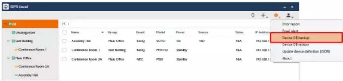 DMS Local All Unrecognized Get Building Conference Room 1 Main Office Conference Room 2A Assembly Hall Name Group Brand Model Power Source Status IP Address Assembly Hall Main Office BoxQ SL754_Ox VID NA 192.168.1 Conference Room 1 Bast Building BoxQ MW732 Standby NA 192.168.1 Conference Room 2A Main Office NBC PS01 Standby NA 192.168.1 Error report Email alert Device DB backup Device DB restore Update device definition (ISO4) About