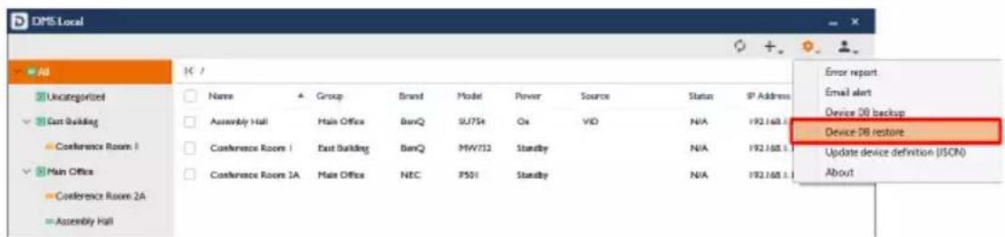 DMS Local ID Uncategorized East Building Conference Room 1 Main Office Conference Room 2A Assembly Hall Name Group Brand Model Power Source Status IP Address Assembly Hall Main Office BenQ SL75t Cis VID N/A 192.168.1.1 Conference Room 1 East Building BenQ MW752 Standby N/A 192.168.1.1 Conference Room 2A Main Office NEC P501 Standby N/A 192.168.1.1 Error report Email alert Device DB backup Device DB restore Update device definition (JSON) About