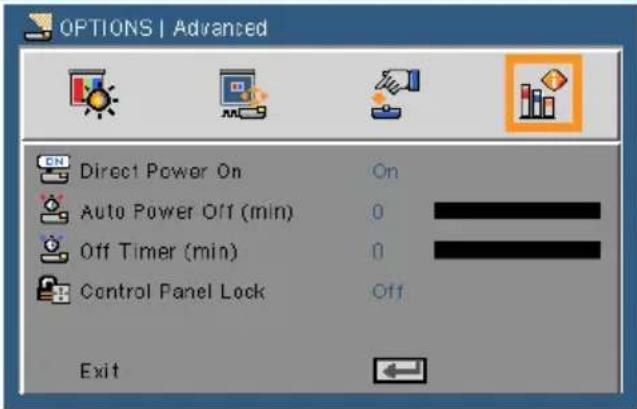 OPTIONS | Advanced Direct Power On Auto Power Off (min) Off Timer (min) Control Panel Lock On 0 0 Off Exit