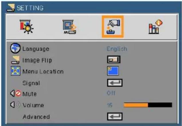 SETTING Language Image Flip Menu Location Signal Mute Volume Advanced English Off 15