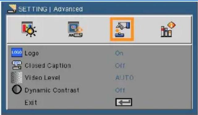 SETTING | Advanced Logo On Closed Caption Off Video Level AUTO Dynamic Contrast Off Exit