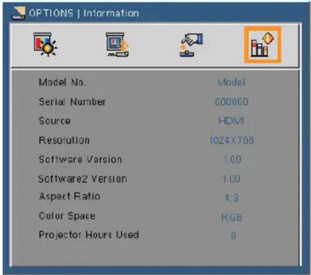 OPTIONS | Information Model No. Model Serial Number 000000 Source HDMI Resolution 1024X763 Software Version 1.00 Software2 Version 1.00 Aspect Ratio 4:3 Color Space RGB Projector Hours Used 0