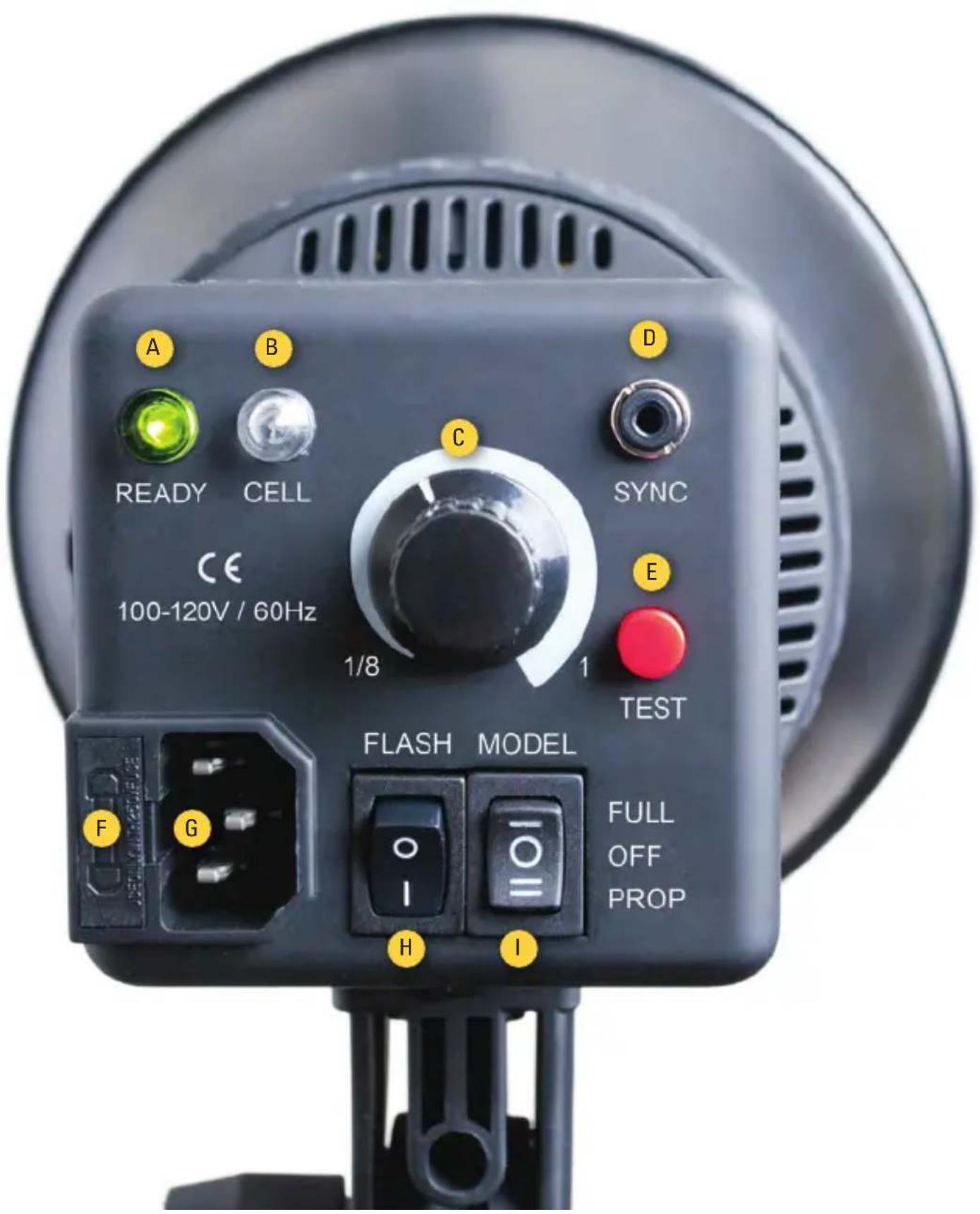 A B C D READY CELL SYNC 1/8 1 TEST 100-120V / 60Hz FLASH MODEL FULL OFF PROP F G H I