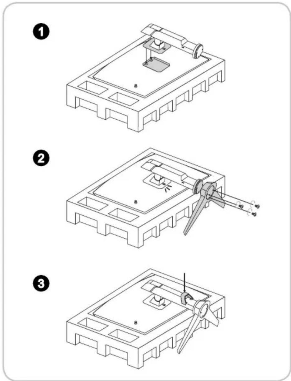 Technical diagram showing three-step assembly steps of a mechanical device with labeled components and motion indicators.