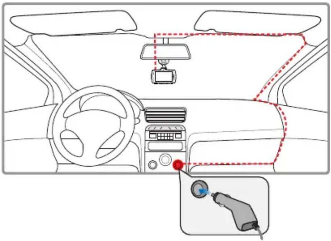 Diagram of car interior showing dashboard, steering wheel, and connected sensor with red dashed lines indicating navigation paths