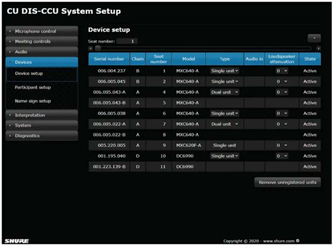 CU DIS-CCU System Setup Device setup Seat number: 1 Serial number Chain Seat number Model Type Audio in Loudspeaker attenuation State 006.004.237 B 1 MXC640-A Single unit 0 Active 006.005.045 B 2 MXC640-A Single unit 0 Active 006.005.043-A A 4 MXC640-A Dual unit 0 Active 006.005.043-B A 5 MXC640-A 0 Active 006.005.038 A 6 MXC640-A Single unit 0 Active 006.005.022-A A 7 MXC640-A Dual unit 0 Active 006.005.022-B A 8 MXC640-A 0 Active 005.220.005 A 9 MXC620F-A Single unit 0 Active 001.195.040 D 10 DC6990 Single unit 0 Active 001.223.139-B D 11 DC6990 0 Active Remove unregistered units SHURE Copyright © 2020 - www.shure.com
