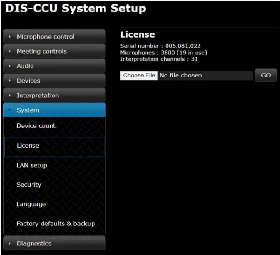 DIS-CCU System Setup Microphone control Meeting controls Audio Devices Interpretation System Device count License LAN setup Security Language Factory defaults & backup Diagnostics License Serial number : 005.081.022 Microphones : 3800 (19 in use) Interpretation channels : 31 Choose File No file chosen GO