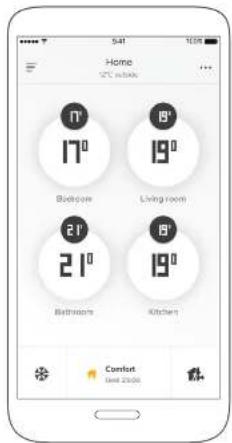 Home 52°C static 17° Bedroom Living room 21° Bathroom Kitchen Comfort Time: 20:00