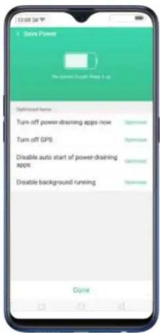 Save Power We power to get a new app Optimized frame Turn off power-draining apps now Turn off GPS Disable auto start of power-draining apps Disable background running Done
