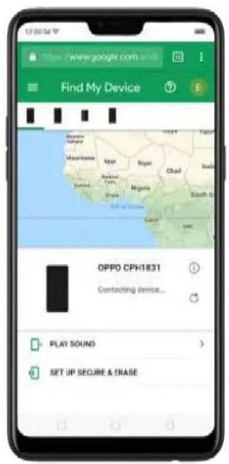 17:00:54 www.google.com Find My Device OPPO CPH1831 Contacting device... PLAY SOUND SET UP SECURE & ERASE