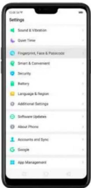 Settings Sound & Vibration Quiet Time Fingerprint, Face & Passcode Smart & Convenient Security Battery Language & Region Additional Settings Software Updates About Phone Accounts and Sync Google App Management