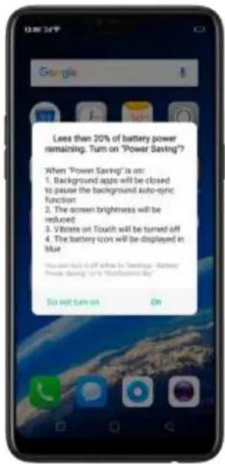 Less than 20% of battery power remaining. Turn on "Power Saving"? When "Power Saving" is on: 1. Background apps will be closed to pause the background auto-yrsc function 2. The screen brightness will be reduced 3. Vibrate on Touch will be turned off 4. The battery icons will be displayed in blue You don't look at off where it is "Standard - Basic" Power Saving is by "Standardize like" Do not take on