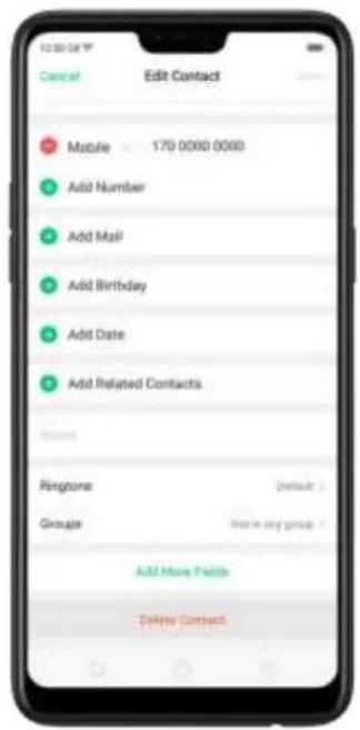 12:00 Call Control Edit Contact Mobile 170 0000 0000 Add Number Add Mail Add Birthday Add Date Add Related Contacts Ringscope Default > Groups list in any group Add Many Pails Delete Contact