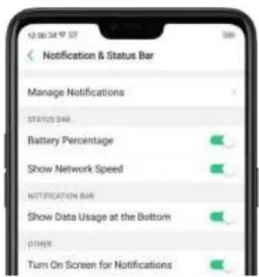 Notification & Status Bar Manage Notifications STATUS BAR Battery Percentage Show Network Speed NOTIFICATION BAR Show Data Usage at the Bottom OTHER Turn On Screen for Notifications