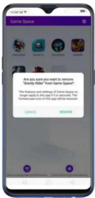 12:00 AM Game Space Are you sure you want to remove "Gravity Rider" from Game Space? The features and settings of Game Space no longer apply to this app if it is removed. The homewomen can of this app will be returned OK Cancel RESHORE