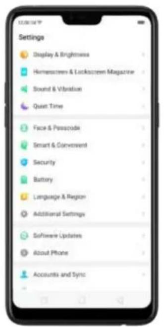 Settings Display & Brightness Hemerscreen & Lockscreen Magazine Sound & Vibration Quiet Time Face & Passcode Smart & Convenient Security Battery Language & Region Additional Settings Software Updates About Phone Accounts and Sync