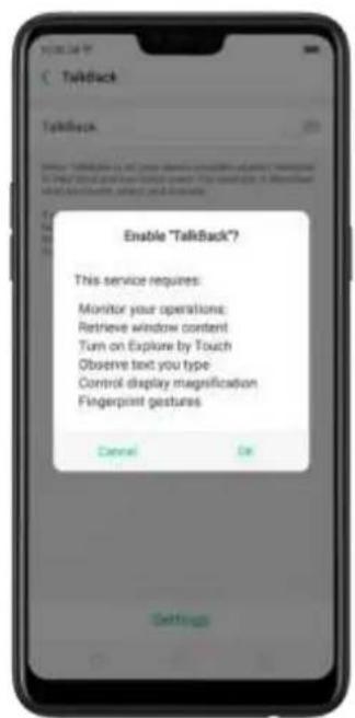 Enable "TalkBack?" This service requires: Monitor your operations: Retrieve window content Turn on Explore by Touch Observe text you type Control display magnification Fingerprint gestures Cancel Do Settings