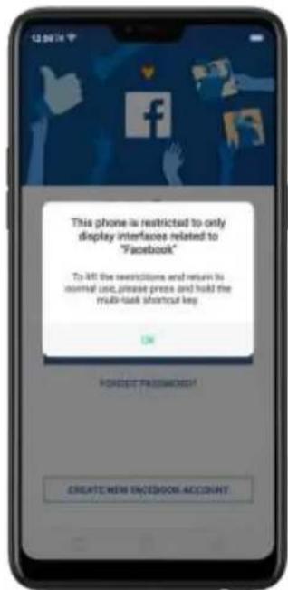 This phone is restricted to only display interfaces related to "Facebook" To exit the restrictions and return to normal use, please press and hold the multi-task shortcut key. OK CREATE NEW FACEBOOK ACCOUNT
