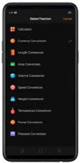 Select Function Cancel Calculator Currency Conversion Length Conversion Area Conversion Volume Conversion Speed Conversion Weight Conversion Temperature Conversion Power Conversion Pressure Conversion