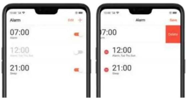 12:00:34 Alarm Edit + 07:00 Alarm 12:00 Alarm, Tue Thu Sun 21:00 Sleep Alarm Save Delete 07:00 Sleep 12:00 Alerts, Tue Thu Sun 21:00 Sleep