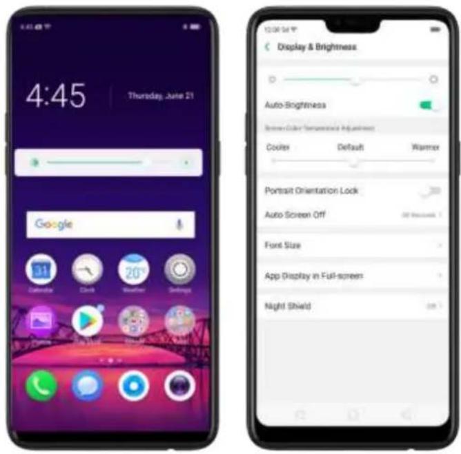 4:45 Thursday, June 21 Display & Brightness Auto-Brightness Screen Color Sensitivity Adjustments Cooler Default Warrant Portrait Orientation Lock Auto Screen Off 3D Windows Font Size App Display in Full-screen Night Shield