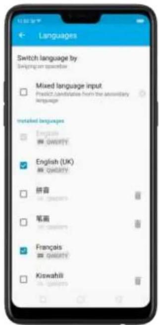 Switch language by Switching an operation Mixed language input Predict candidate from the secondary language Installed languages English @ QWERTY English (UK) @ QWERTY 拼音 @ QWERTY 笔画 @ QWERTY Français @ QWERTY Kiswahili @ QWERTY