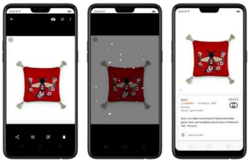 Three smartphone screenshots showing a red fabric pillow with a bee design, alongside a fashion app interface displaying Gucci brand and product details.