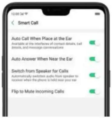 12:00:36 Smart Call Auto Call When Place at the Ear Available at the interfaces of contact details, call details, and message conversations Auto Answer When Near the Ear Switch from Speaker for Calls Automatically switches audio from speaker to receiver when the phone is held near your ear Flip to Mute Incoming Calls