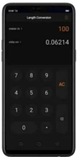 Length Conversion meter on > 100 mile on ? 0.06214 7 8 9 AC 4 5 6 1 2 3 0 ·
