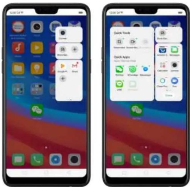 Screenshot of iOS home screen showing app icons and quick app interface with Chinese labels