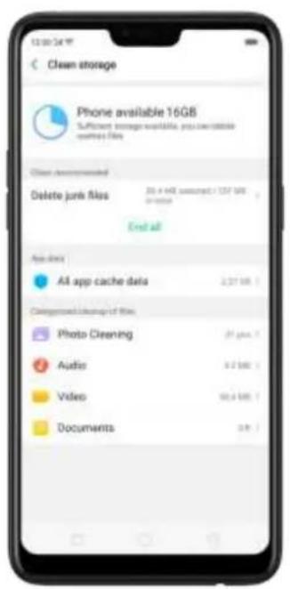 Clean storage Phone available 16GB Sufficient image availability, possible suitable connect files Clean recommendations Delete junk files 20 x 445 mmcf / 137 MB in mm² End all App data All app cache data 2.27 MB Categorized Cleanup of files Photo Cleaning 21 pm Audio 0.2 Mb Video 50.4 Mb Documents 0.9