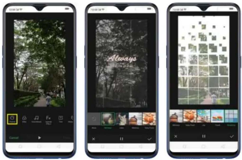 Three smartphone screenshots showing a photo editing interface with a forest scene, alongside a preview of 'Always' text and a grid of small images.