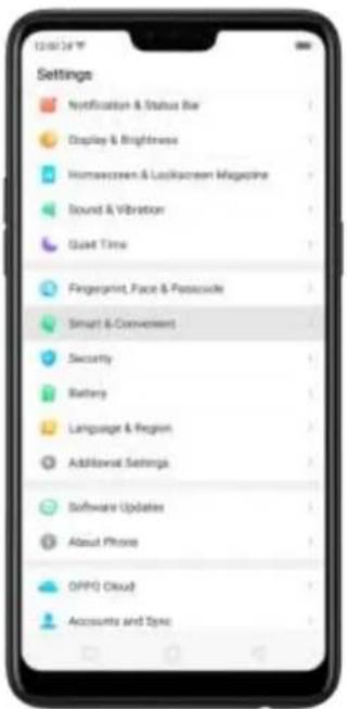 Settings Notification & Status Bar Display & Brightness Intracrossen & Lockscreen Magazine Sound & Vibration Quiet Time Fingerprint, Face & Postcode Smart & Convenient Security Battery Language & Region Additional Settings Software Updates About Phone OPPO Cloud Accounts and Sync