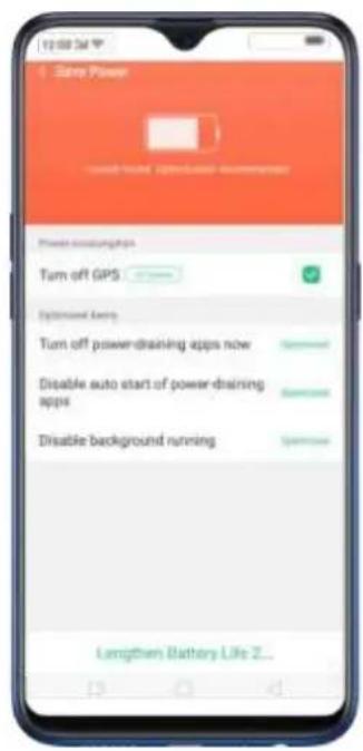 12:00 PM Slate Power turned off GPS Optimized Energy Turn off power-draining apps now Disable auto start of power-draining apps Disable background running Lengthen Battery Life 2...