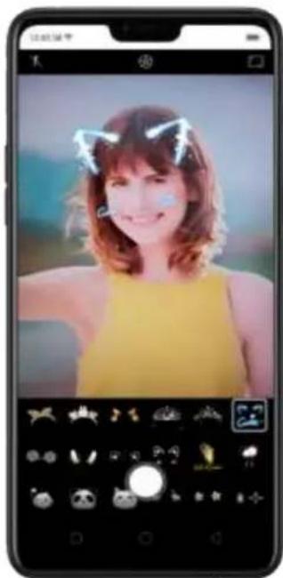 Mobile photo editing interface showing a woman with cat hair accessories and a toolbar with image thumbnails
