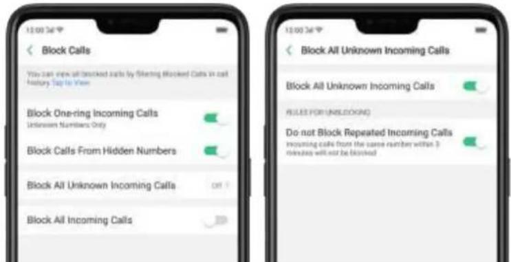 Block Calls You can now all blocked calls by blocking Blocked Calls in call history. Stop to View Block One-ring Incoming Calls Unknown Numbers Only Block Calls From Hidden Numbers Block All Unknown Incoming Calls Block All Incoming Calls Block All Unknown Incoming Calls RULES FOR UNBLOCKING Do not Block Repeated Incoming Calls Incoming calls from the same number within 3 minutes will not be blocked