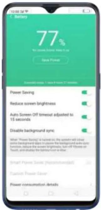 12:00 PM Battery 77% For secure power save it on Save Power 2 seconds saving 1 second time 10 seconds Power Saving Reduce screen brightness Auto Screen Off timeout adjusted to 15 seconds Disable background sync When "Power Saving" is enabled on, the symbol will drive some background steps to place the background auto-syn function, reduce the screen brightness, turn off video on touch, and display the battery user as free. (Import Power Save) (Google/Internet) Custom Power Save Power consumption details
