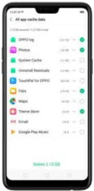 All app cache-data 12:00 AM displayed (12:30 AM format) OPPO log 2.61 GB Photos 328 KB System Cache 177 KB Uninstall Residuals 8.2 KB TouchPal for OPPO 564 KB Files 219 KB Maps 34 KB Theme Store 214 KB Jmi Gmail 109 KB Google Play Music 35 KB Delete 2.43 GB