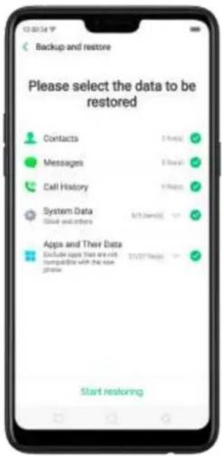 Backup and restore Please select the data to be restored Contacts Messages Call History System Data Cloud and others Apps and Their Data Exclude apps that are not compatible with the new phone Start restoring